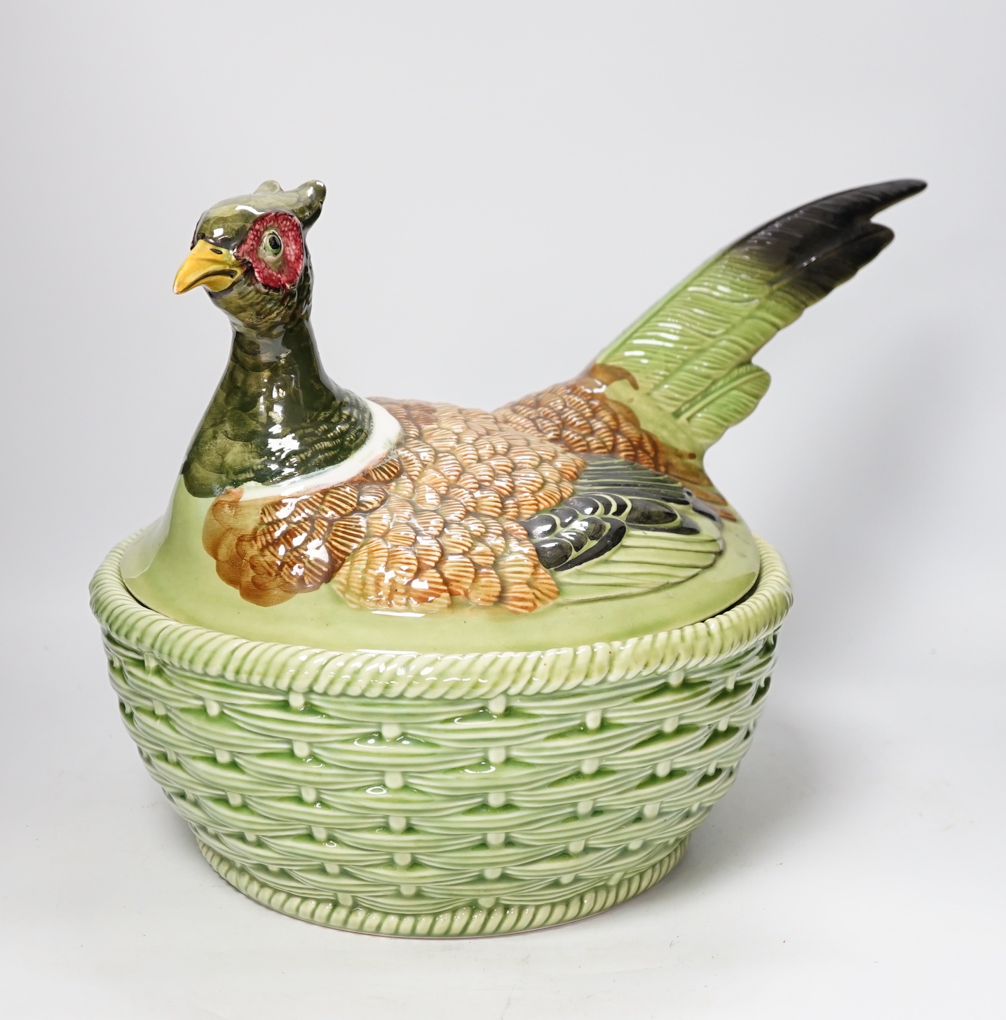 A large modern majolica style 'nesting pheasant' bowl and cover, bowl diameter 29.5cm